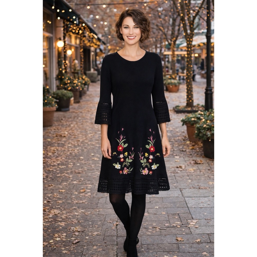 Boho Chic Desigual Black Knit dress  Embroidered Crochet  Belle Sleeve Sz XS